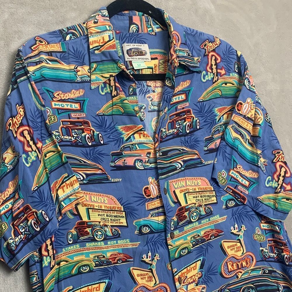 Reyn Spooner Men M Blue Thunderbird Starlite Motel Neon Car Hawaiian Shirt